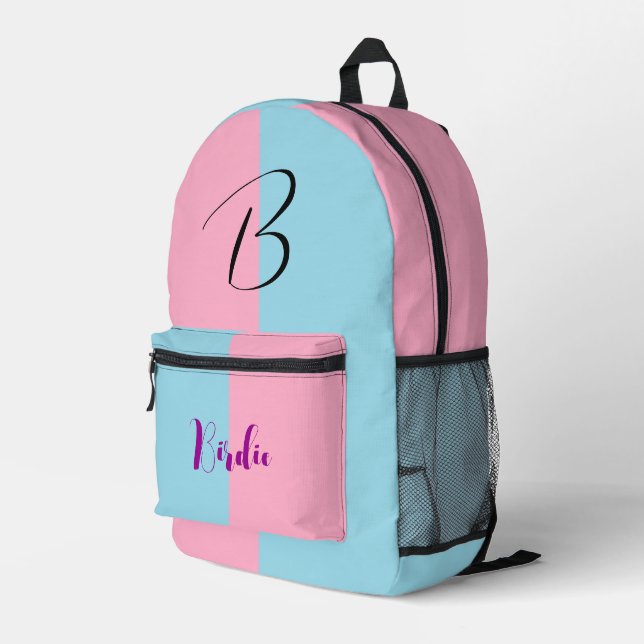 (Baby Blue & Pink Colour) Best ColorBlock Name Printed Backpack (Back Corner Right)