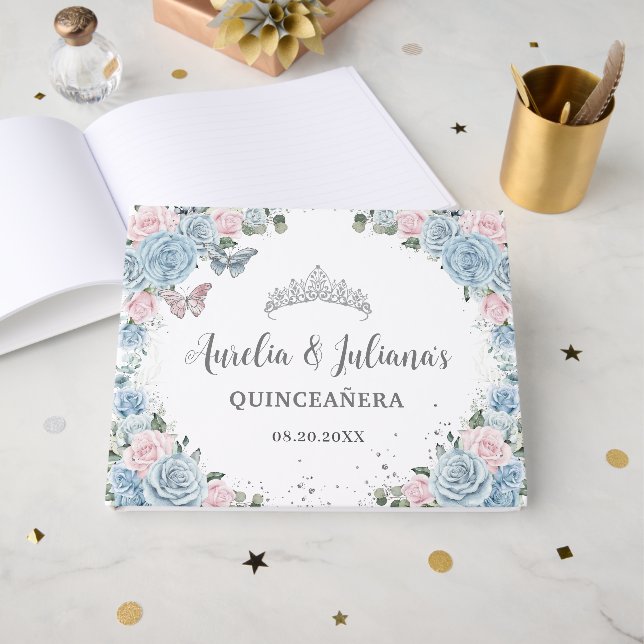Baby Blue Pink Floral Butterflies Twin Quinceañera Guest Book (Front Open)