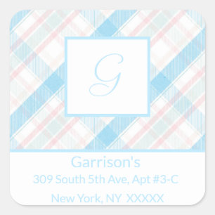 Baby Blue & Pink Plaid Return Address Label Seal