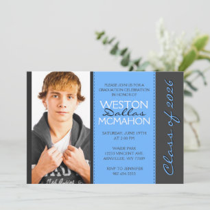 Baby Blue & Pinstripe Grey Photo Graduation Invitation