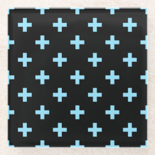Baby blue polka crosses on black glass coaster
