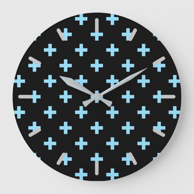 Baby blue polka crosses on black large clock (Front)