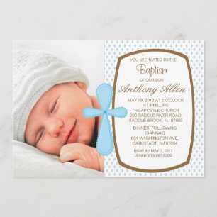 Baby Blue Polka Dot Boys Photo Baptism Invitation