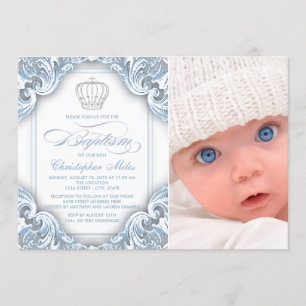 Baby Blue Prince Crown Baptism Invitations