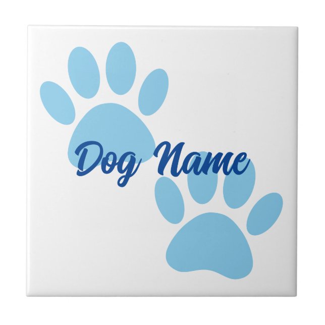 Baby Blue Puppy Paw Prints Editable Name Ceramic Tile (Front)