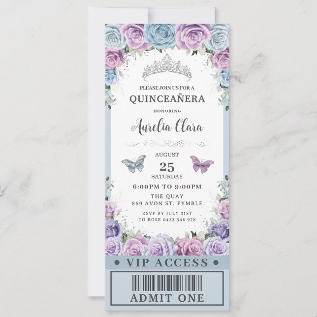 Baby Blue Purple Floral Quinceañera 16 VIP Ticket Invitation (Front)