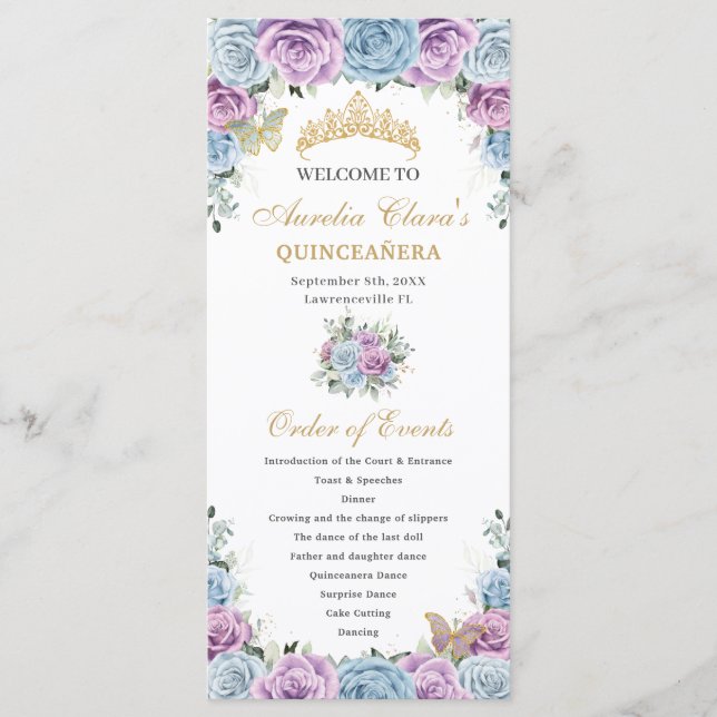 Baby Blue Purple Floral Quinceañera Order Events Program (Front)