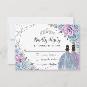 Baby Blue Purple Lilac Floral Twins Quinceañera RSVP Card