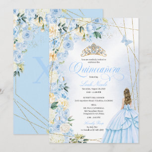 Baby Blue Quinceañera and Gold Glitter Sweet 15 Invitation