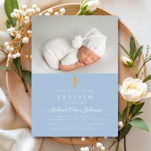 Baby Blue Religious Cross Boy Photo Baptism Invitation