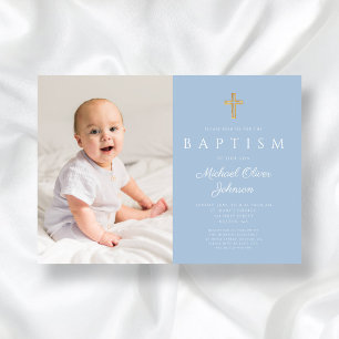 Baby Blue Religious Cross Boy Photo Baptism Invitation