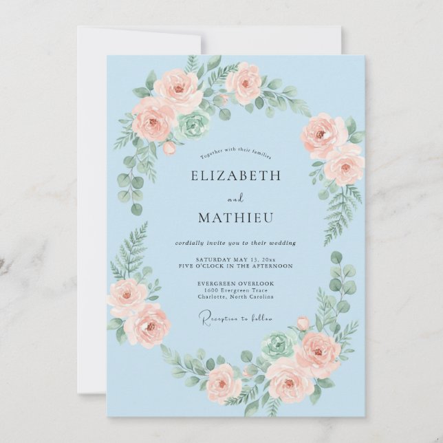 Baby Blue Romantic Floral Wedding Invitation (Front)