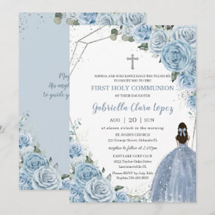 Baby Blue Rose Flowers Girl First Holy Communion  Invitation