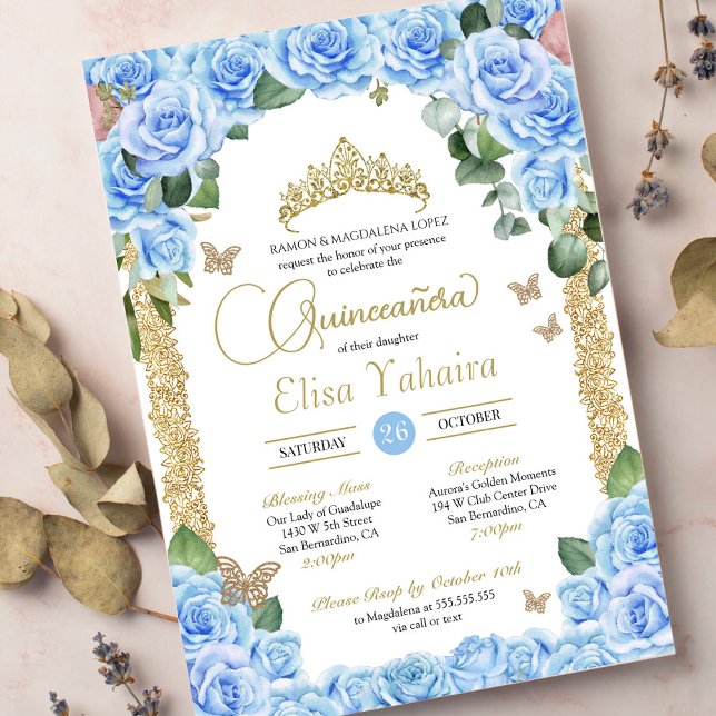 Baby Blue Roses & Butterfly Quinceanera Invitation (Creator Uploaded)