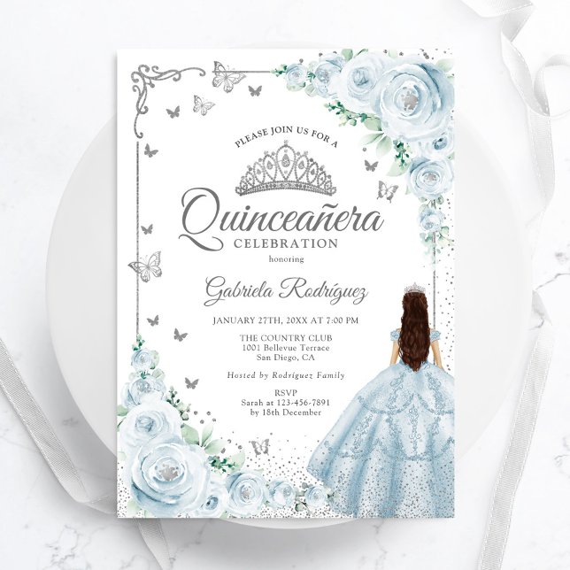 Baby Blue Roses Silver Floral Quinceanera Invitation (Creator Uploaded)