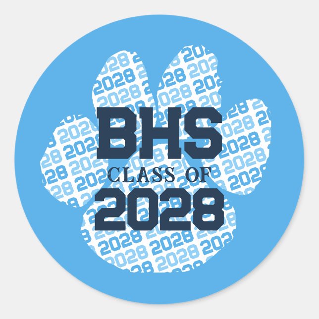 Baby Blue School Initial Year Graduation Pawprint Classic Round Sticker (Creator Uploaded)