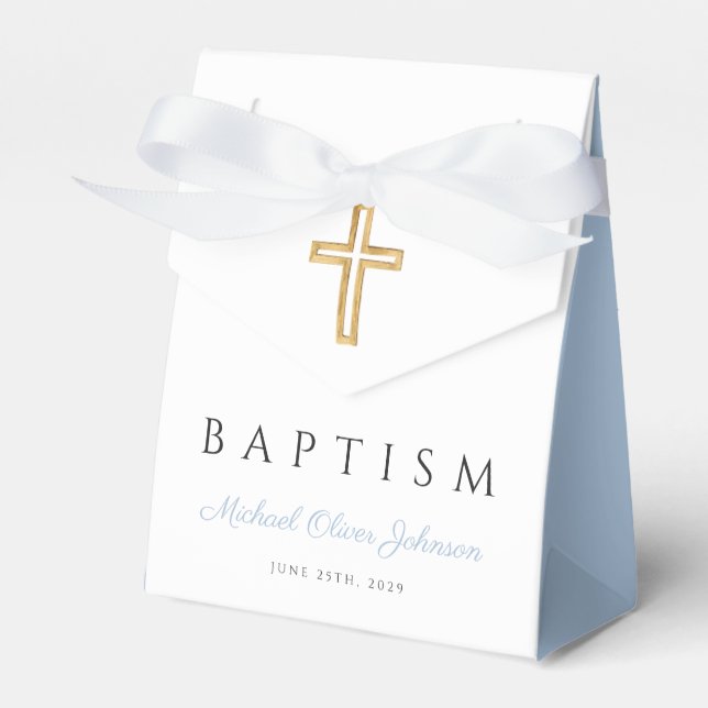 Baby Blue Script Religious Cross Boy Baptism Favour Box (Front Side)