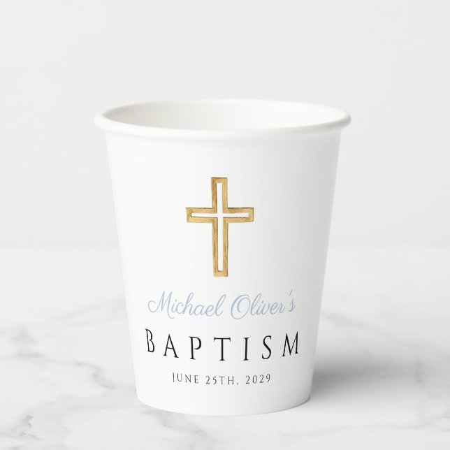 Baby Blue Script Religious Cross Boy Baptism Paper Cups (Front)