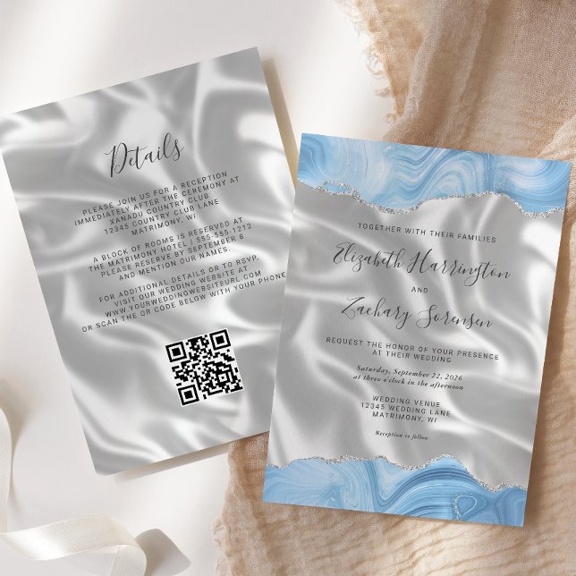Baby Blue Silver Agate White Silk QR Code Wedding Invitation (Creator Uploaded)