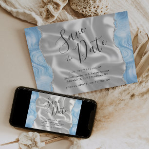 Baby Blue Silver Agate White Silk Save the Date Invitation
