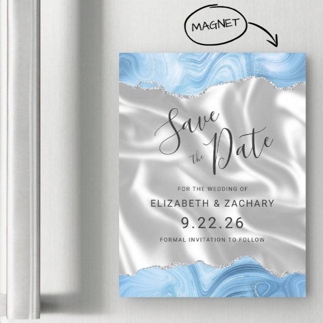 Baby Blue Silver Agate White Silk Save the Date Magnetic Invitation (Creator Uploaded)