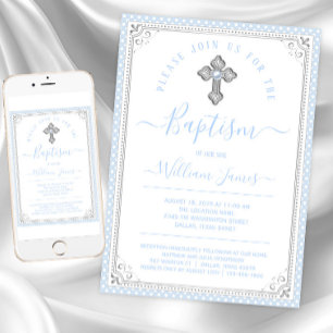 Baby Blue Silver Boy Baptism Invitation