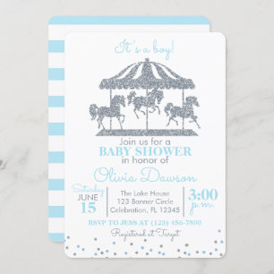 Baby Blue & Silver Carousel Boy Baby Shower Invitation