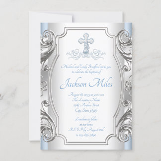 Baby Blue Silver Cross Boy Baptism Christening Invitation