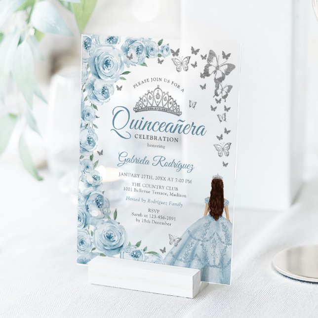 Baby Blue Silver Floral Quinceanera Acrylic Invitations (Creator Uploaded)