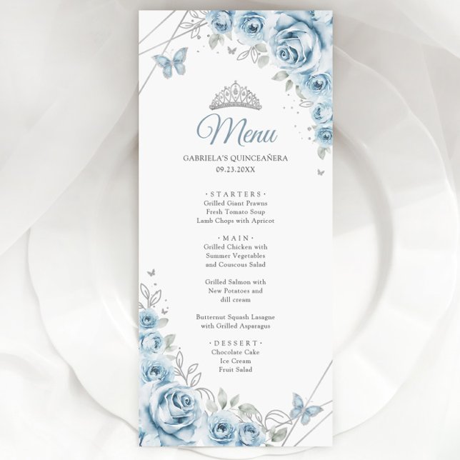 Baby Blue Silver Floral Quinceanera Menu (Creator Uploaded)
