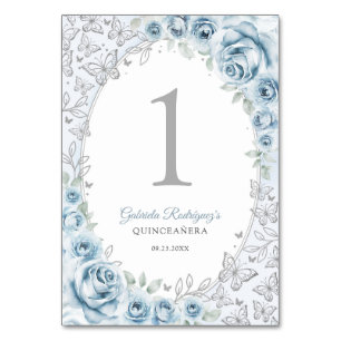 Baby Blue Silver Floral Quinceanera Table Number