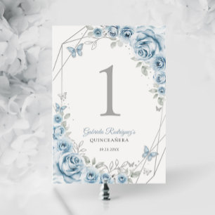 Baby Blue Silver Floral Quinceanera Table Number