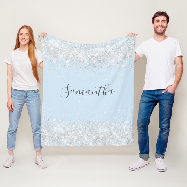 Baby blue silver glitter name script fleece blanket (In Situ)