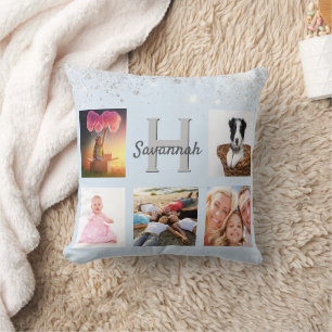 Baby blue silver glitter photo collage name cushion