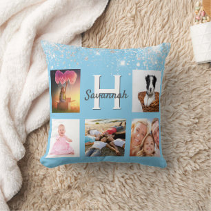 Baby blue silver glitter photo collage name cushion