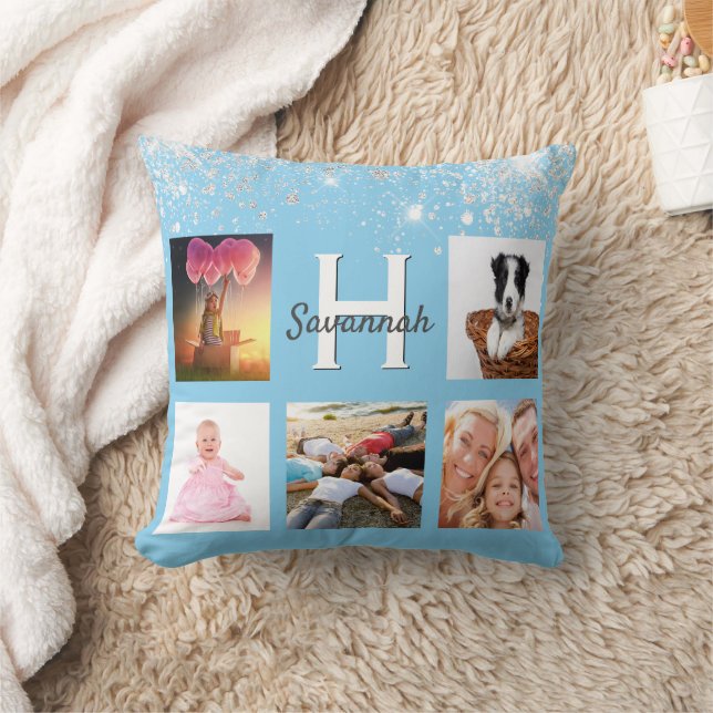 Baby blue silver glitter photo collage name cushion (Blanket)
