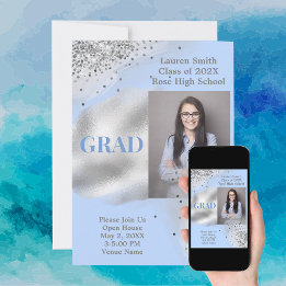 Baby Blue Silver Glitter Photo Graduation Invitation