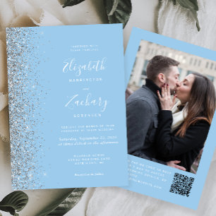 Baby Blue Silver Glitter Photo QR Code Wedding Invitation