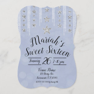 Baby Blue & Silver Glitter Stars Sweet 16 Party Invitation