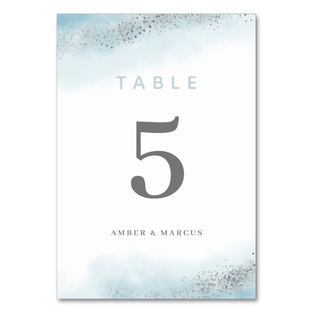Baby Blue Silver Glitter Wedding Table Number (Front)