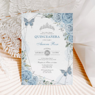 Baby Blue Silver Quinceañera Butterfly Geometric Invitation