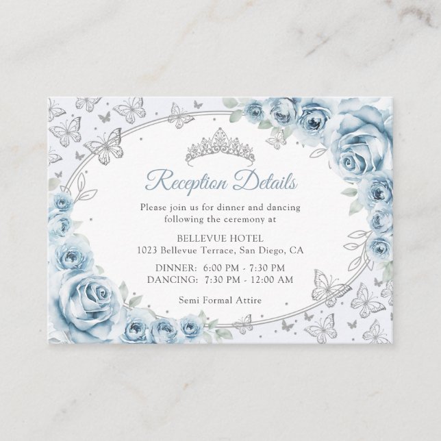 Baby Blue Silver Quinceanera Reception Details Enclosure Card (Front)