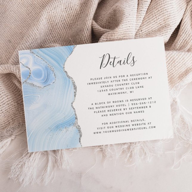 Baby Blue Silver Watercolor Agate Wedding Details Enclosure Card (Creator Uploaded)
