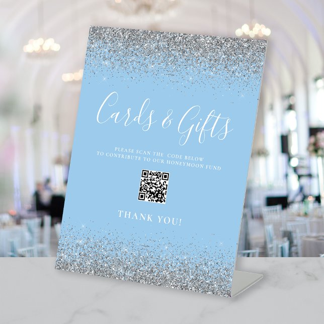 Baby Blue Silver Wedding Cards Gifts QR Code Pedestal Sign (Creator Uploaded)