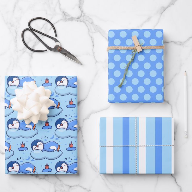 Baby Blue Sleeping Penguin Wrapping Paper Set (Front)