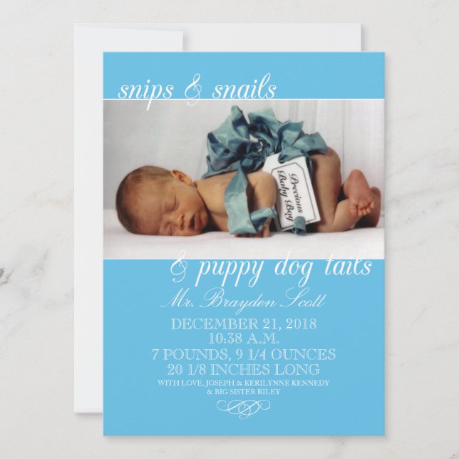 Baby Blue Snips & Snails Photo Birth Announcements (Front)