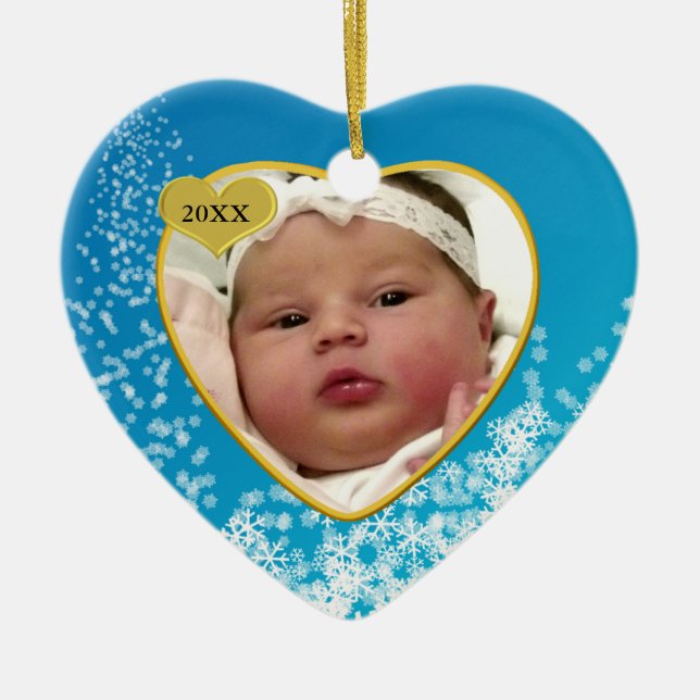 Baby Blue Snowflake Baby's First Christmas Photo Ceramic Ornament (Front)