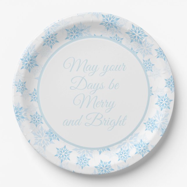 Baby Blue Snowflakes White Merry Bright Christmas Paper Plate (Front)