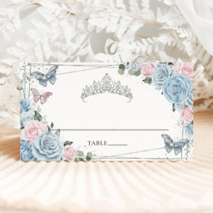 Baby Blue Soft Pink Floral Butterflies Quinceañera Place Card