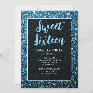 Baby blue sparkles Sweet 16 elegant script Invitation
